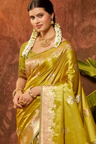 lime yellow silk blend ethnic woven designer graceful partywear saree