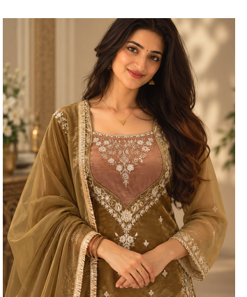 dark olive color thread and sequence work silk blend salwar kameez 1