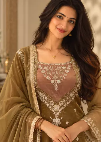 dark olive color thread and sequence work silk blend salwar kameez