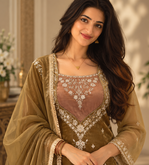 dark olive color thread and sequence work silk blend salwar kameez