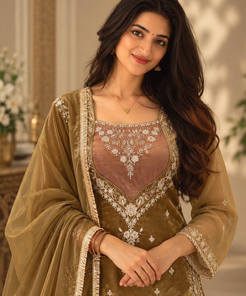 dark olive color thread and sequence work silk blend salwar kameez