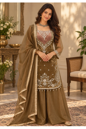 dark olive color thread and sequence work silk blend salwar kameez 2