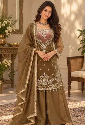 dark olive color thread and sequence work silk blend salwar kameez