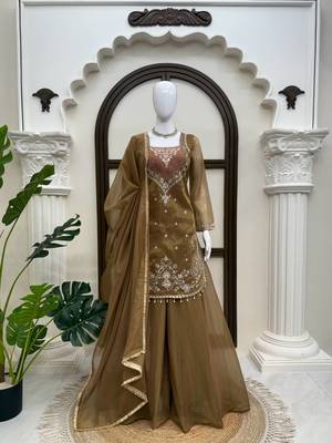 dark olive color thread and sequence work silk blend salwar kameez 3