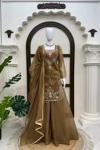 dark olive color thread and sequence work silk blend salwar kameez