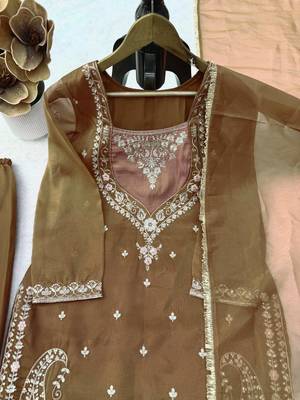 dark olive color thread and sequence work silk blend salwar kameez 4