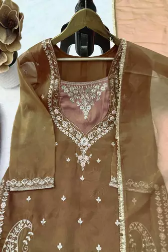 dark olive color thread and sequence work silk blend salwar kameez