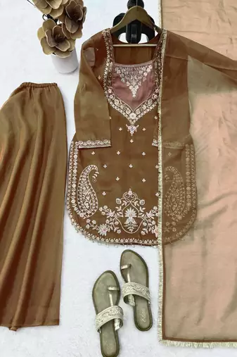dark olive color thread and sequence work silk blend salwar kameez
