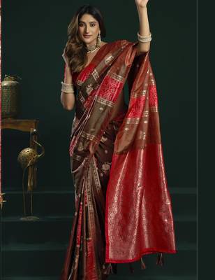 brown girlie soft silk blend fabric woven jari designer saree 3