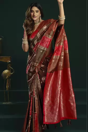 brown girlie soft silk blend fabric woven jari designer saree