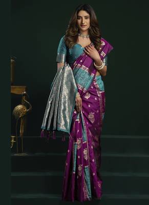 purple girlie soft silk blend fabric woven jari designer saree 3