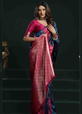 blue girlie soft silk blend fabric woven jari designer saree 3