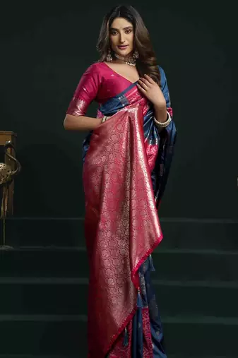 blue girlie soft silk blend fabric woven jari designer saree