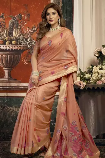 Peach color woven designer ethnic graceful partywear saree