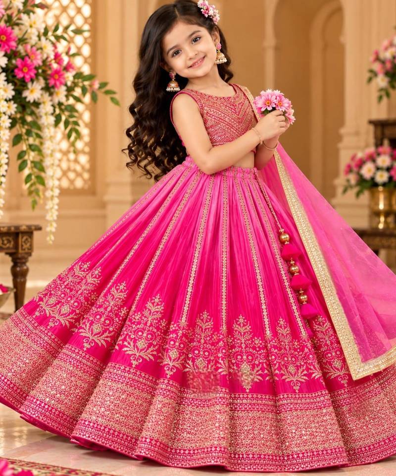 kids pink embroidered lehenga choli with dupatta