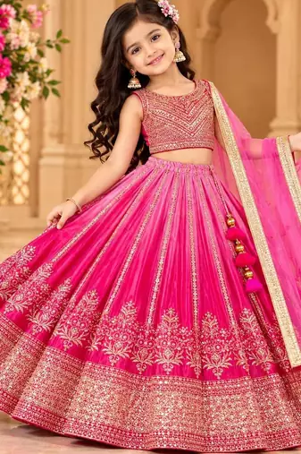 kids pink embroidered lehenga choli with dupatta