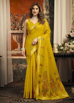 Mustard color woven designer ethnic graceful partywear saree 2