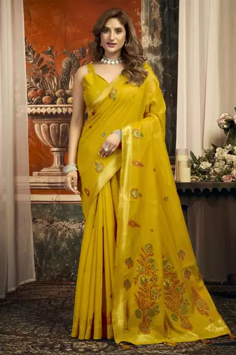 Mustard color woven designer ethnic graceful partywear saree