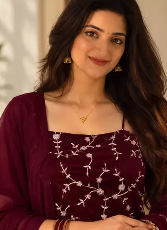 wine color thread and sequence work faux georgette salwar kameez