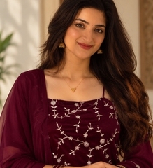 wine color thread and sequence work faux georgette salwar kameez