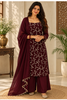 wine color thread and sequence work faux georgette salwar kameez 1