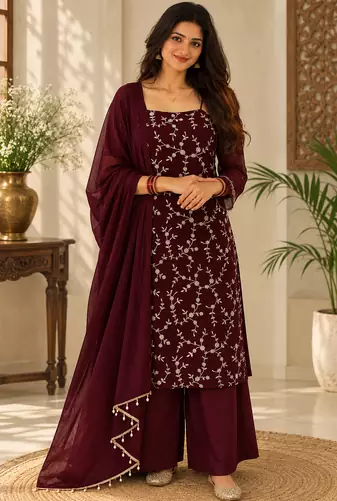 wine color thread and sequence work faux georgette salwar kameez