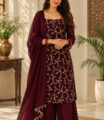 wine color thread and sequence work faux georgette salwar kameez