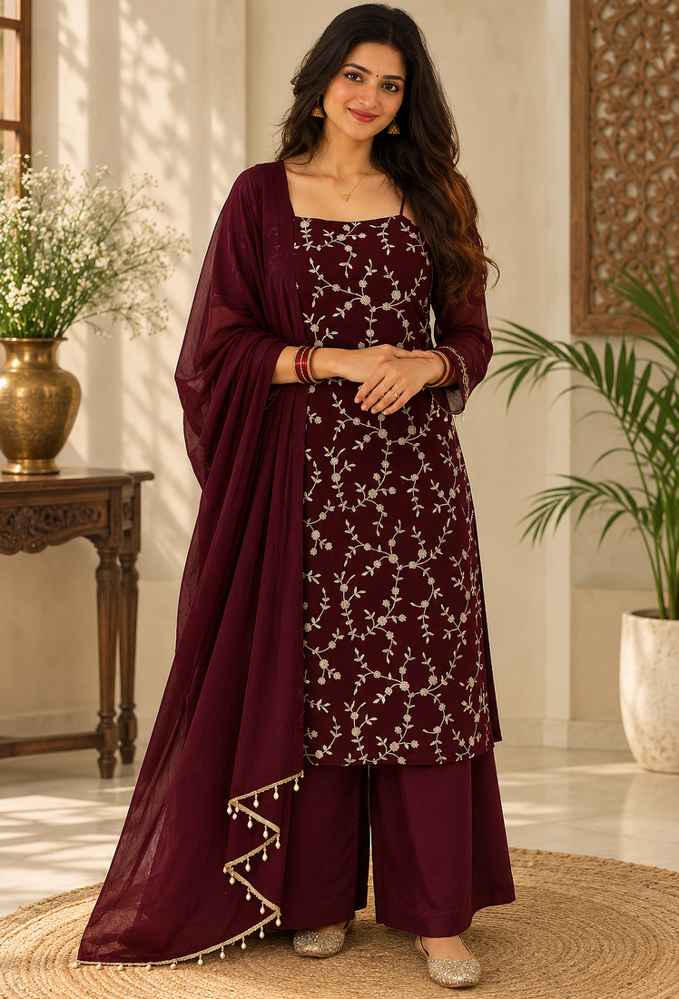 wine color thread and sequence work faux georgette salwar kameez