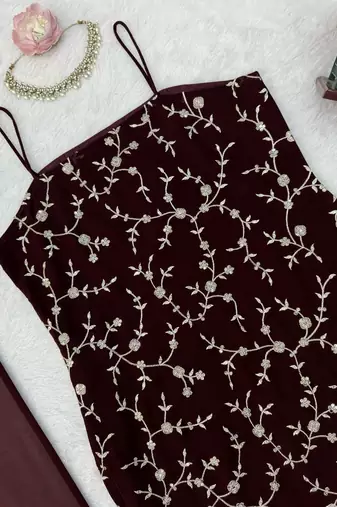 wine color thread and sequence work faux georgette salwar kameez