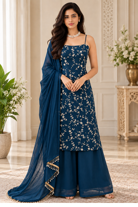 teal color thread and sequence work faux georgette salwar kameez 1