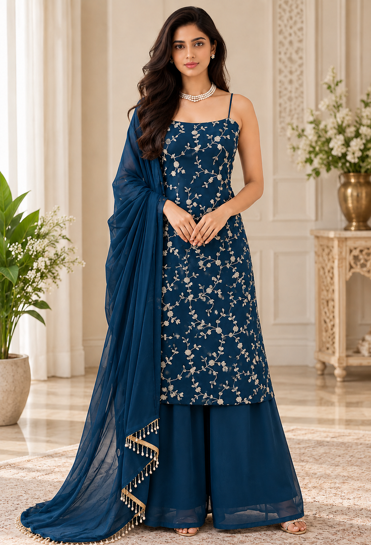 teal color thread and sequence work faux georgette salwar kameez