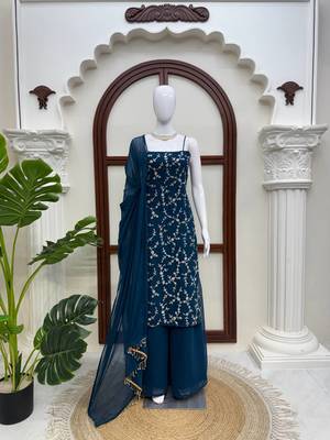 teal color thread and sequence work faux georgette salwar kameez 3