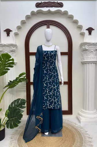 teal color thread and sequence work faux georgette salwar kameez