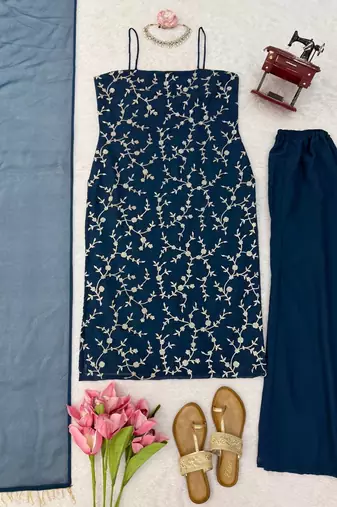 teal color thread and sequence work faux georgette salwar kameez