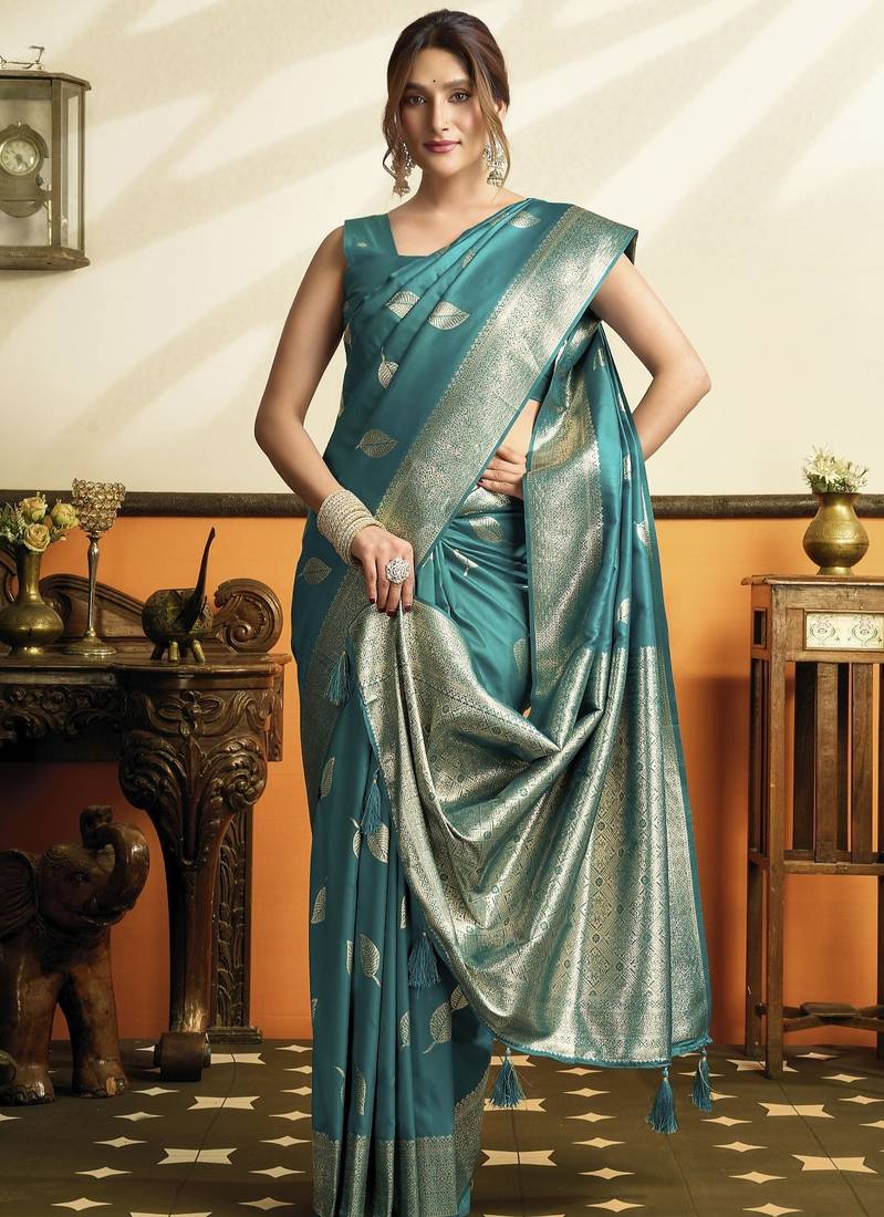 Green color beautiful woven jacquard designer soft silk partywear saree