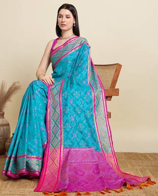 blue embroidery banarasi patola saree with blouse 1
