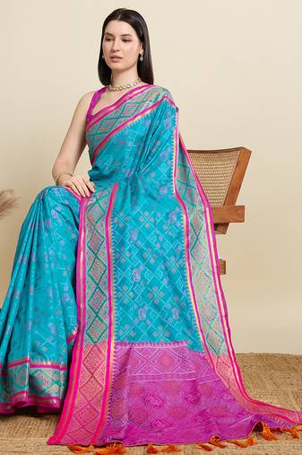blue embroidery banarasi patola saree with blouse