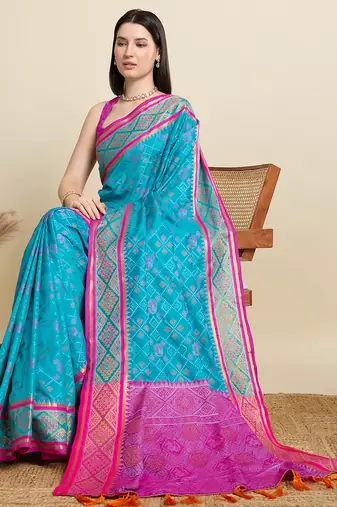 blue embroidery banarasi patola saree with blouse