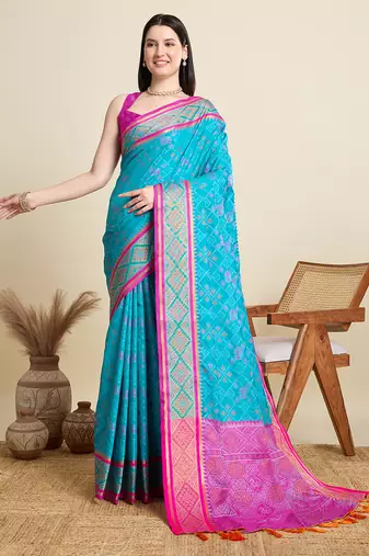 blue embroidery banarasi patola saree with blouse