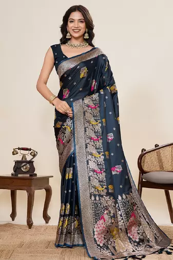 rama green color embroidery with zari work satin saree with blouse