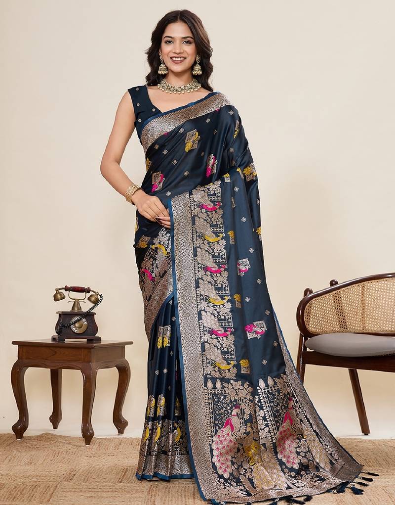rama green color embroidery with zari work satin saree with blouse