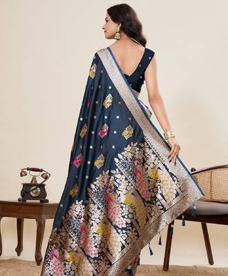 rama green color embroidery with zari work satin saree with blouse 4