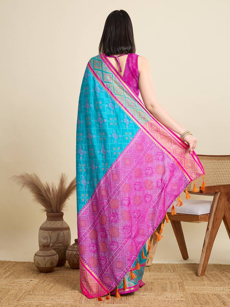 blue embroidery banarasi patola saree with blouse
