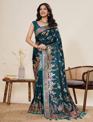 rama green color embroidery with zari work satin saree with blouse 1