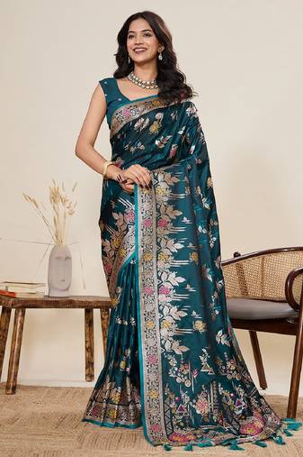 rama green color embroidery with zari work satin saree with blouse