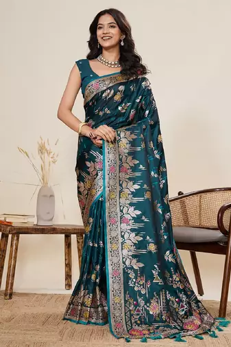 rama green color embroidery with zari work satin saree with blouse
