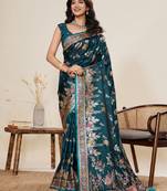 rama green color embroidery with zari work satin saree with blouse