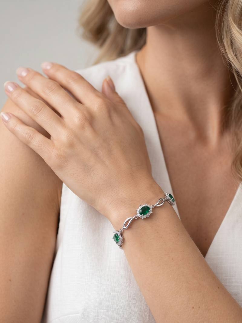  925 Sterling Silver Elegant Adjustable Green Stone Bracelet for Women