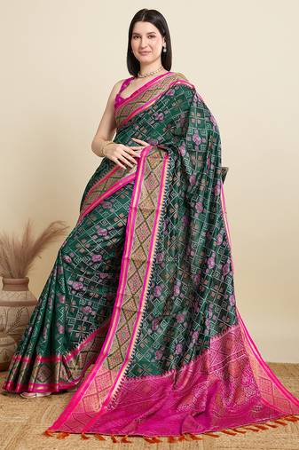 green embroidery banarasi patola saree with blouse