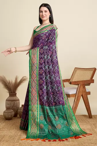 purple embroidery banarasi patola saree with blouse